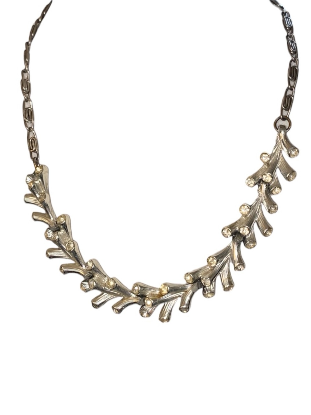 Vintage Coro 50s Mid-Century Silver Tone Rhinestone Branch Collar Necklace Leaf